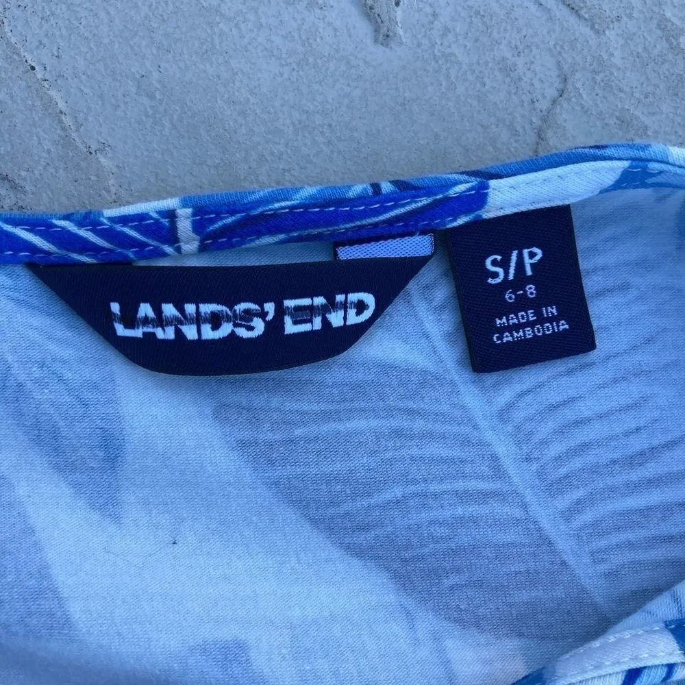 Land’s End navy bright blue white abstract palm print Cotton midi dress SP
